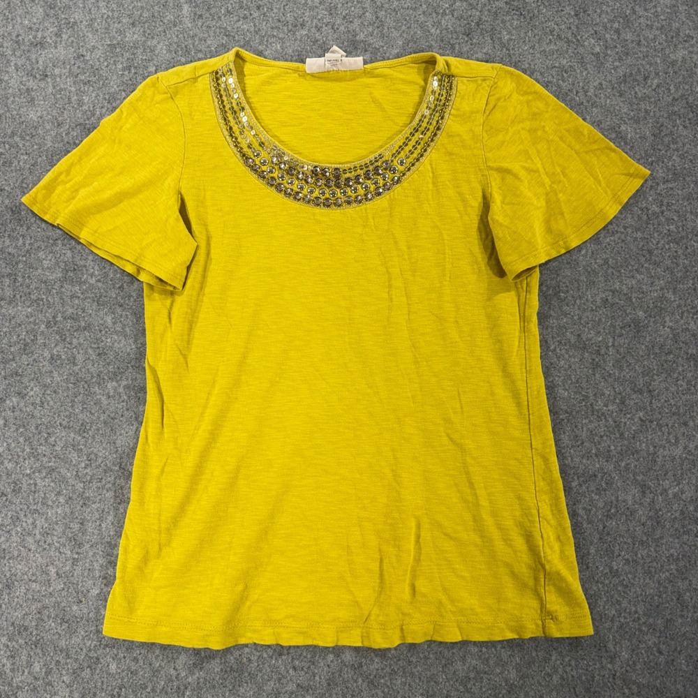 JM Collection Petite Yellow Beaded Sequin Scoop Neck Cotton T-Shirt Top PM